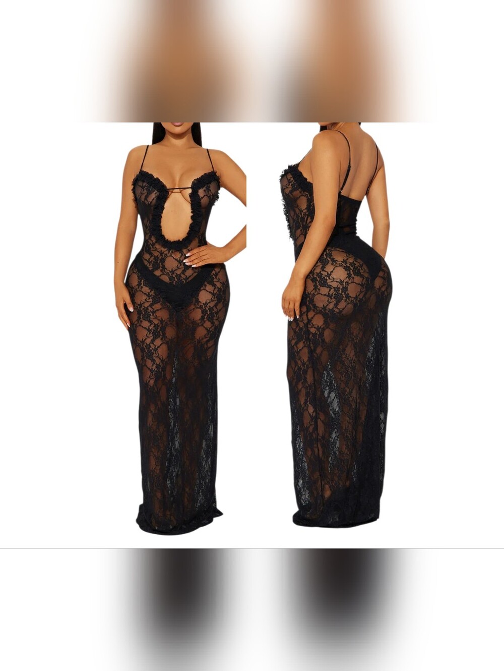 F NOVA V-Neck Ruffled Cut-Out Lace Swimwear Cover-Up Maxi Dress 2XL Black NWT